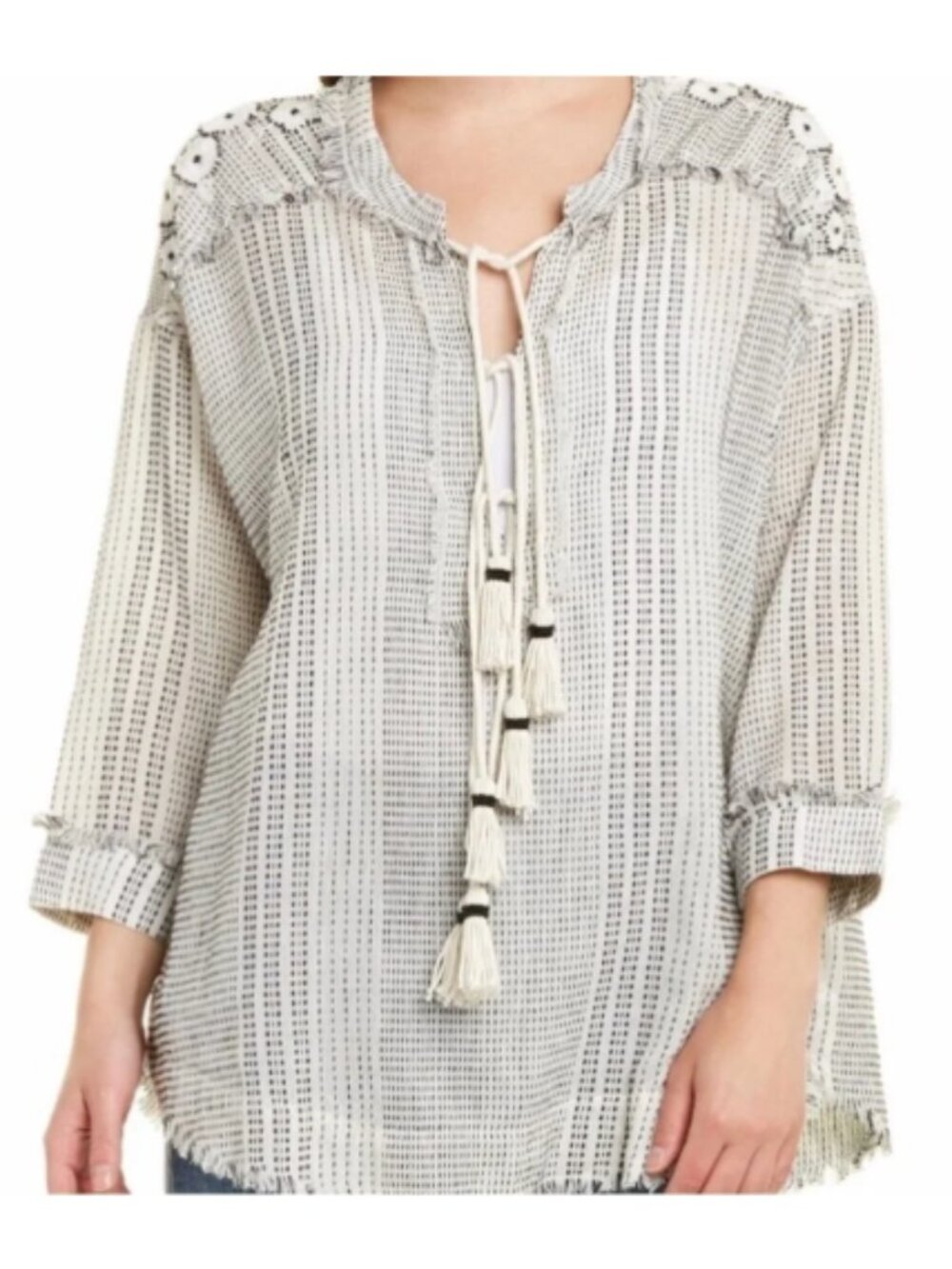 Johnny Was Jacque‎ Women's Black and White Blouse with Tassels
